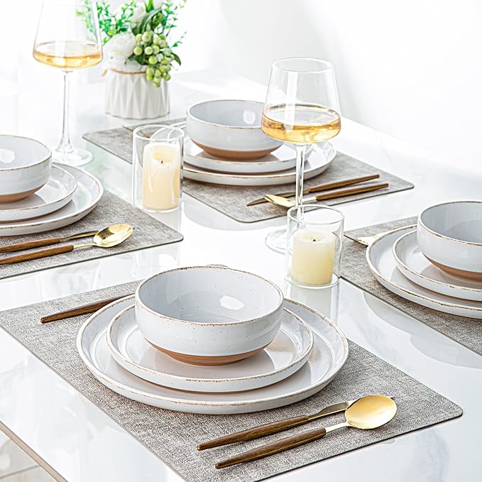 AmorArc 24 Pieces Ceramic Dinnerware Sets for 8, Handpainted Stoneware Plates and Bowls Set with Rustic Terracotta Underside, Scratch Resistant Dishes Set, Dishwasher & Microwave Safe, White