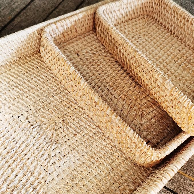 i-lan Set of 3 Handmade White Rattan Rectangle Serving Tray,Washed White Wicker Serving Organizer Tabletop Fruit Platter with 2”Wall,14 Inch Decorative Bread Drinks Snack Storage Serving Basket Tray
