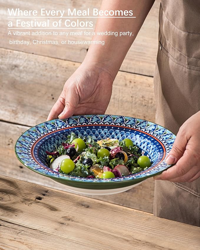 Soup and Pasta Bowls/Plates Set of 4-18 Oz Wide Rim, Porcelain Serving Bowls for Kitchen, Deep Dinner Plates - Microwave & Dishwasher Safe - Bohemian Style