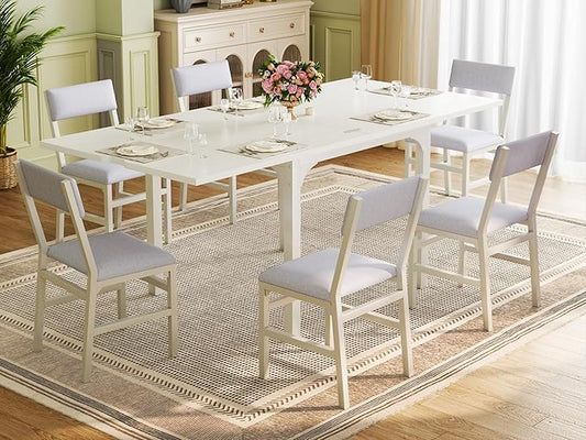 7-Piece Dining Table Set for 4-6, Extendable Kitchen Table Cushion Chairs Set of 6 with 6 Chairs, Rectangle Dining Table with Metal Frame & MDF Board, Folding for Small Apartment Saving Space, White