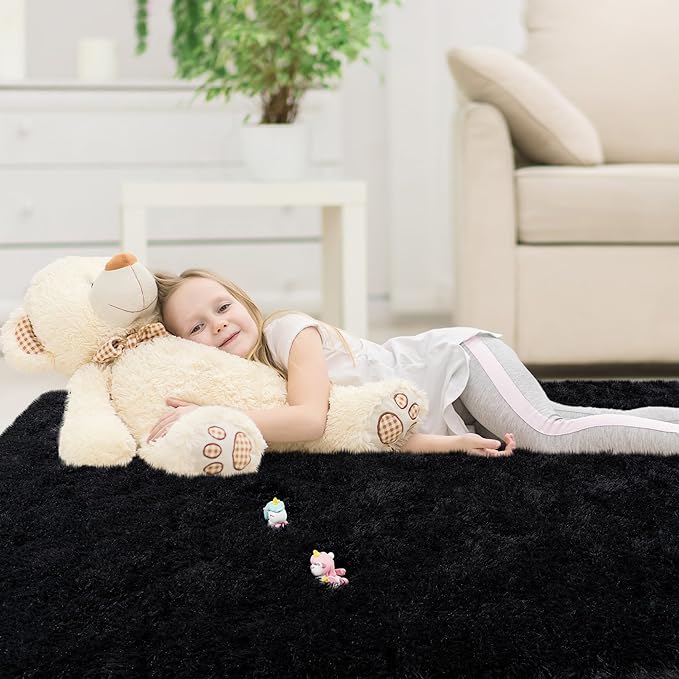 Black Area Rug for Bedroom, 3x5 Rugs for Living Room Nursery Kids Room Dorm Home Decor Aesthetic, Fluffy Shaggy Rug with 4 Anti-Slip Carpet Tapes