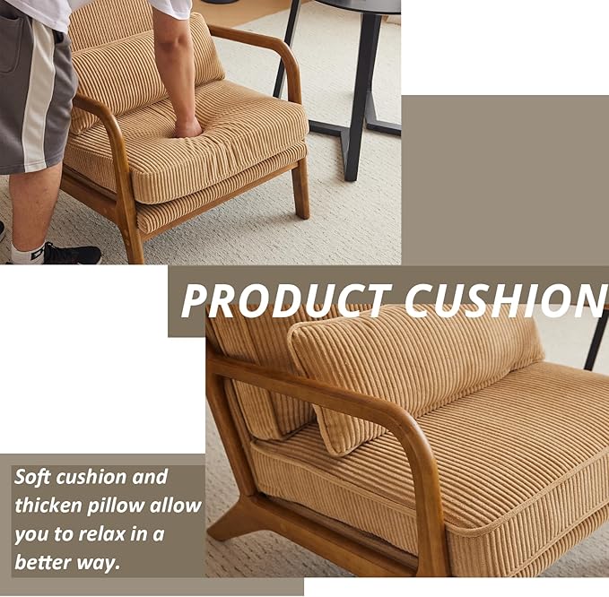 Karl home Mid-Century Modern Accent Chair, Living Room Chairs with Pillow Upholstered Lounge Armchair with Solid Wood Frame & Soft Cushion for Bedroom, Reading Room, Corduroy Khaki (Low Back)