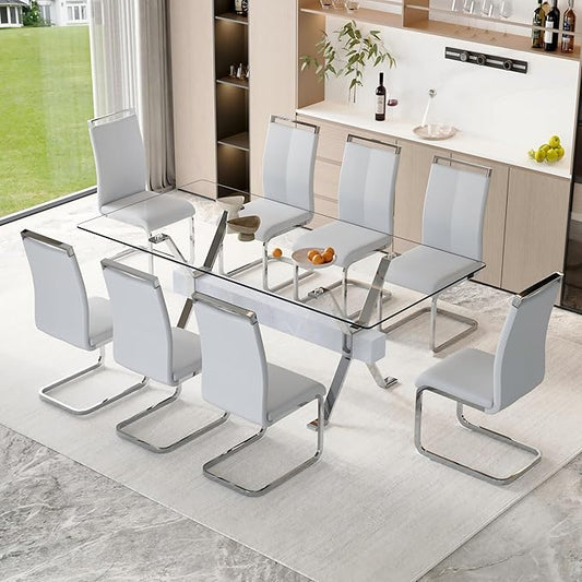 9 Piece Glass Dining Table Set, 79" Modern Dining Table Set for 8, 0.5" Thick Tempered Glass Tabletop with Silver Chrome Metal Legs and Grey Crossbar, 8 PU Chairs for Dining Room, Kitchen