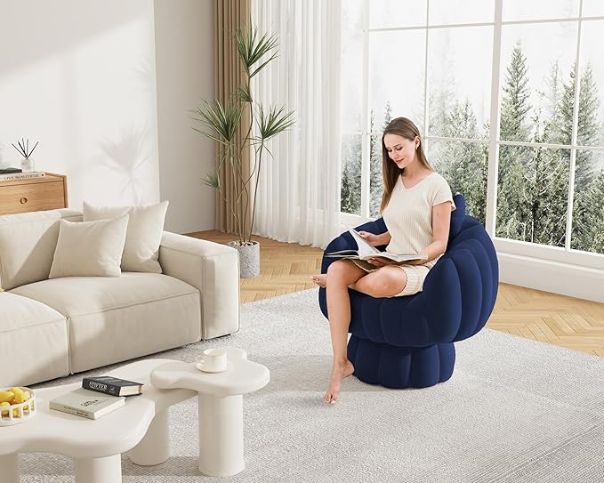Mid Century Modern 360 Degree Barrel Swivel Accent Sofa Chair,Fluffy Velvet Fabric Lounge Wide Upholstered Pumpkin Reading Chair, Round Cloud Armchair for Living Room,Bedroom,Vanity(Navy Blue)