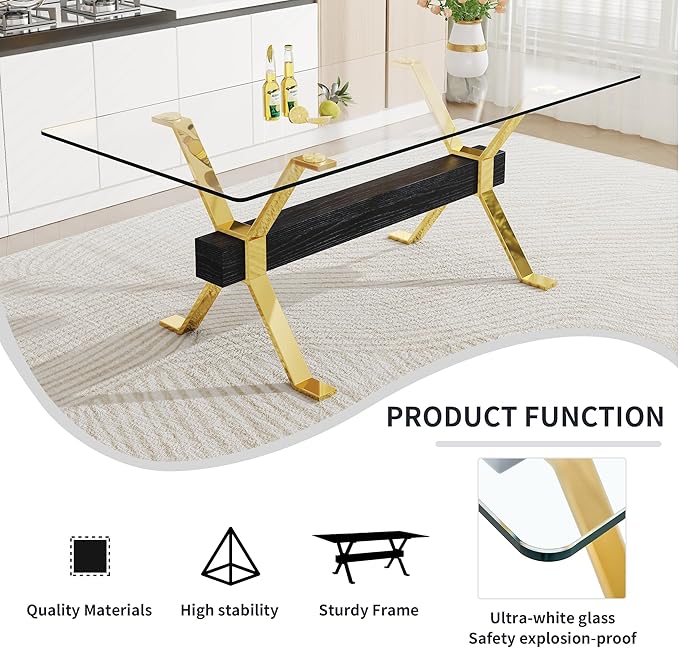 9 Piece Glass Dining Table Set, 79" Modern Dining Table Set for 8, 0.5" Thick Tempered Glass Tabletop with Gold Chrome Metal Legs and Black Crossbar, 8 PU Chairs for Dining Room, Kitchen