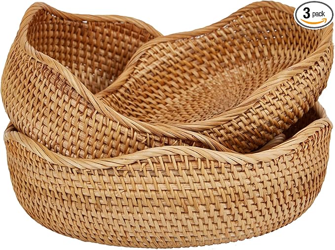 Natural Rattan Round Fruit Basket Bowls, Hand Woven Decor Serving Baskets, Wicker Storage for Dinning Room (Wave-Combo)