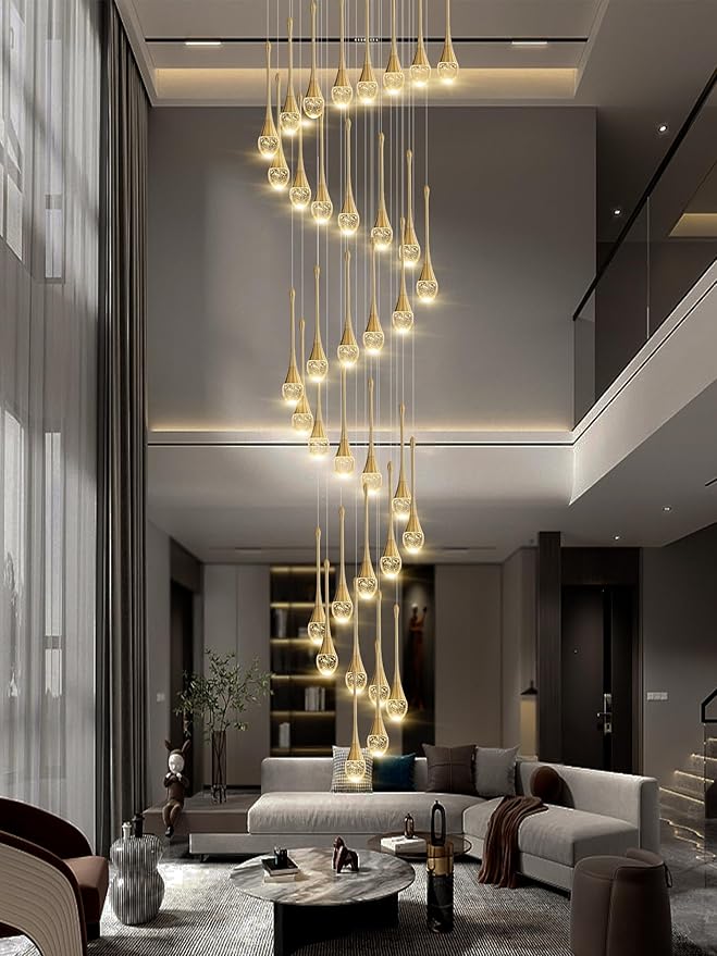 H150 Spiral Chandelier Lighting Modern Gold Chandelier Light Fixture for Foyer Hallway Crystal Chandeliers for High Ceilings Suitable for Sloping Ceiling 2700-6000k Dimmable