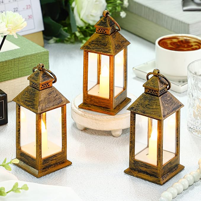 Hoolerry 24 Set Halloween Mini Lanterns with LED Candles 5.5'' Decorative Hanging Small Vintage Lantern Centerpiece Battery Powered for Wedding Table(Bronze)