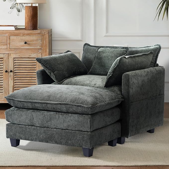 SweetGO corporation 40" Chenille Lounge Chair for Reading, Modern Couch Cozy Sofa Bed, Upholstered Living Room Single Sofa Accent Chair with Ottoman, Green