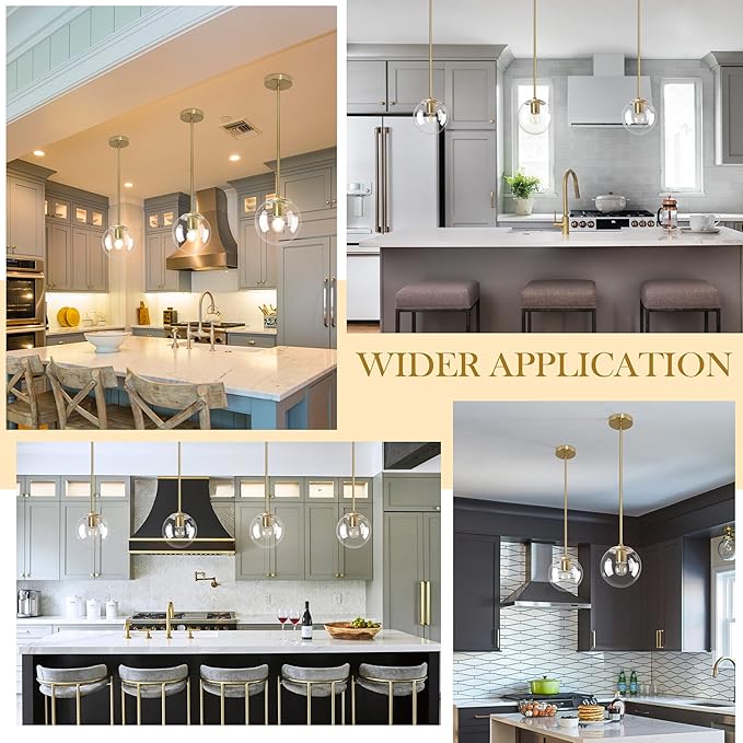 6 Inch Globe Pendant Light Gold Mid Century Pendant Light Contemporary Globe Pendant Lights Kitchen Island Clear Glass with Brass Finish Adjustable Hanging Light Fixture for Kitchen Island