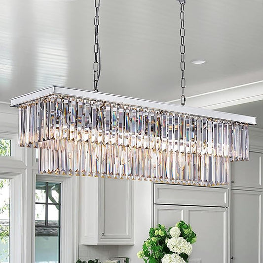 Wellmet 9-Light Crystal Chandelier 34.5 inch, Contemporary Modern Chandeliers Adjustable for Living Room, Dining Room, Pool Table Light, Kitchen Island Lighting (Chrome, 40 inches)