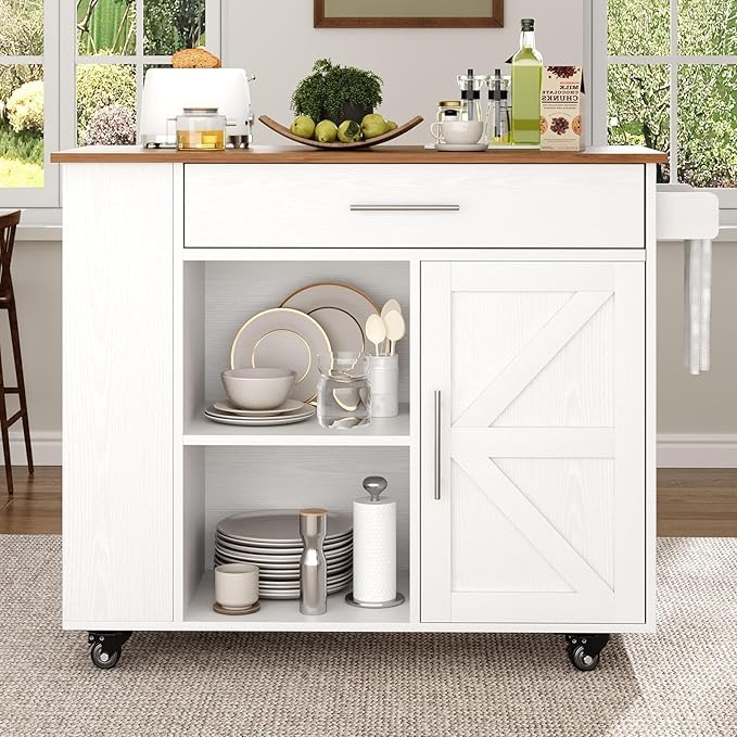 4 EVER WINNER Kitchen Island cart with Storage on Wheels, Kitchen Island with Storage Cabinet, Spice Rack & Towel Rack & Drawer, Kitchen Island Cart with Open Shelves for Dining Room,White
