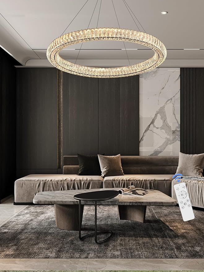 Modern Crystal Chandelier Dimmable LED 39.4" Ring Pendant Light Adjustable Black Round Crystal Chandelier Light Fixtures for Dining Room Living Room