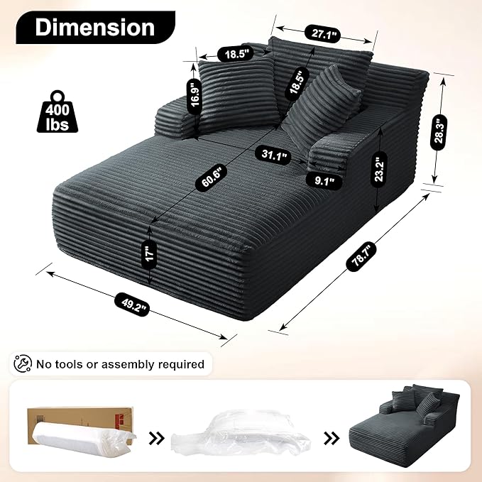Boneless Couch Sofa Chiar Chaise Lounge Chair Indoor Upholstered Corduroy Couch Cloud Sleeper Sofa Oversized Reading Chair for Living Room No Assembly Required (Dark Grey, 50" W x 80" D)