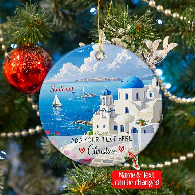 Santorini Greece Ceramic Christmas Ornament 2025, Personalized Santorini Greece Vacation Trip Ornaments, Custom Name/Text Beach Travel Xmas Tree Decorations, Thira Thira Island Ornaments for Mom Dad