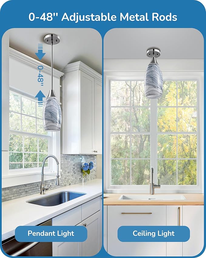 EDISHINE Pendant Light Fixture, Handcrafted Art Glass Hanging Light, Hardwired Ceiling Light, Grey Marble Glass Shade, Adjustable Brushed Nickel Rods, E26 Base, Pendant Lamp for Kitchen Island, Bar