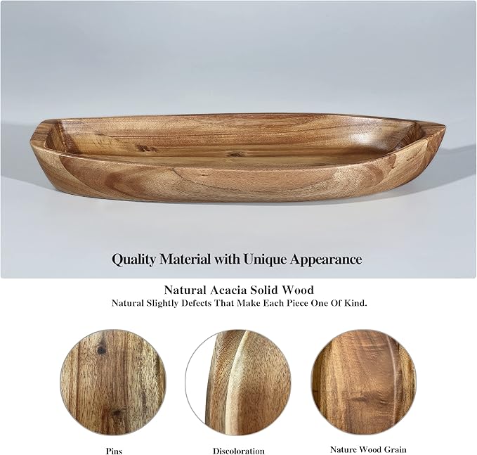 Lucky Boat Serving Tray, Acacia Solid Wood Boat Shape Plate for Serving Desserts, Fruit, Snack and Seafood or House Ornament,Key Tray,Functional and Storage Decorative Bowl。 (L)