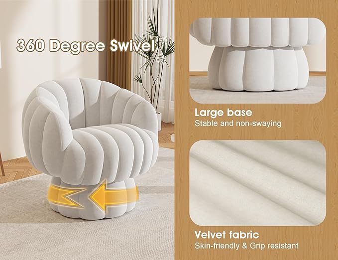 Mid Century Modern 360 Degree Barrel Swivel Accent Sofa Chair,Fluffy Velvet Fabric Lounge Wide Upholstered Pumpkin Reading Chair, Round Cloud Armchair for Living Room,Bedroom,Vanity(Beige)