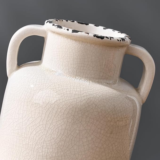 White Ceramic Vase with 2 Handles, 5.83 Inch Cute Retro Ice Cracked Flower Vase, Small Antique Vases for Modern Farmhouse Home Decor, Wedding, Living Room, Table, Shelf Decor, White