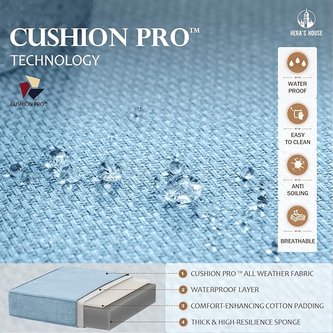 HERA'S HOUSE 4 Piece Patio Furniture Set, 2 x Rocking Metal Frame Cushioned Chair, 3-Seat Sofa with Marbling Coffee Table, All Weather Outdoor Conversation Set for Lawn Garden Backyard, Blue