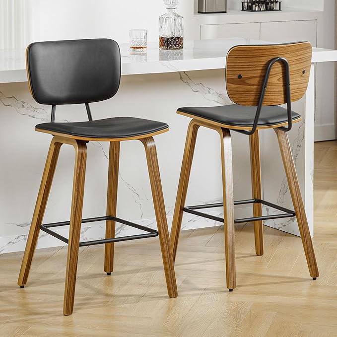 Counter Height Bar Stools Set of 2, PU Leather Upholstered Barstools with Backs, Bent Wood Legs, 26 Inch Seat Height, Mid Century Modern Counter Stools for Kitchen Island, Black