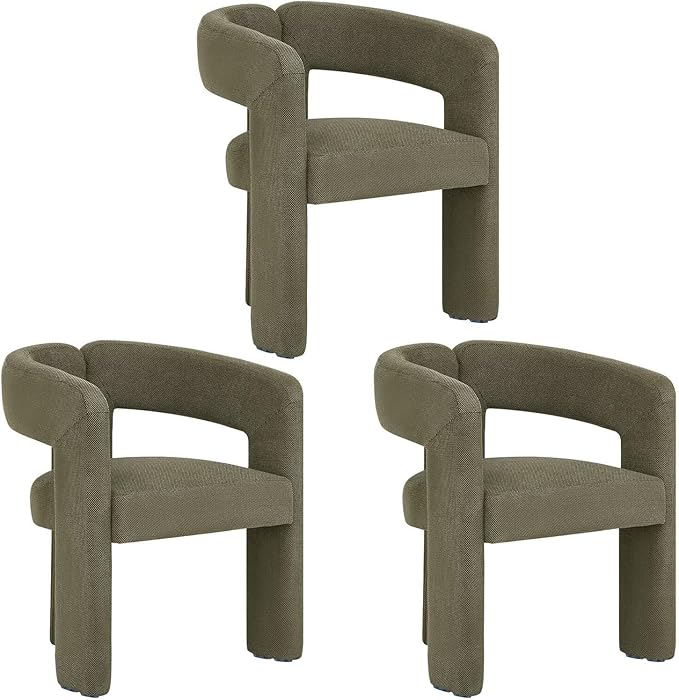 Modern Barrel Dining Chairs Set of 3, Upholstered Linen Dining Room Chair with Wooden Legs, Accent Chairs for Kitchen/Dining Room/Living Room, Green