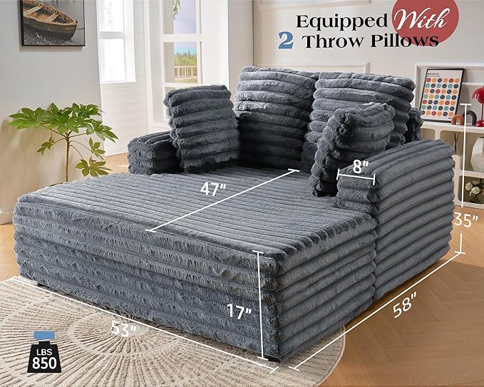 VanAcc 53 Inch Chaise Lounge Indoor, Plush Sleeper Chair with Throw Pillows, Upholstered Sofa Bed with Armrests, Plush Chair Bed for Living Room(Grey)