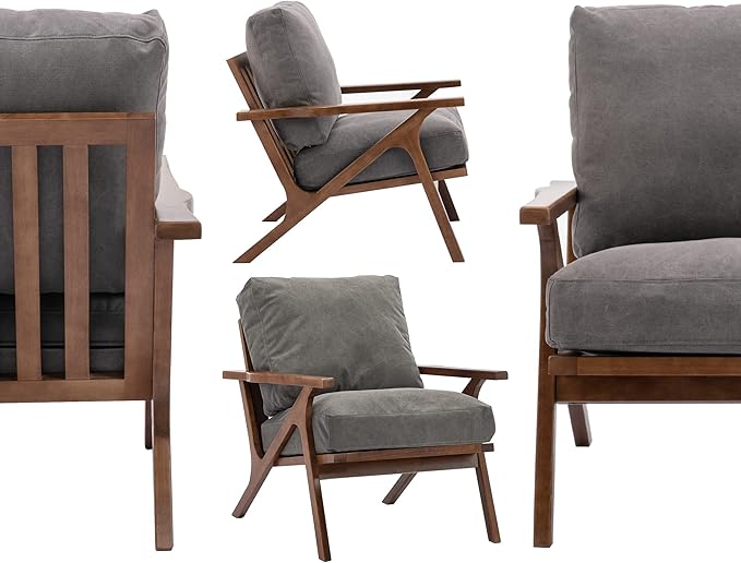 Wahson Mid Century Arm Chair and Ottoman Set, Upholstered Accent Armchair with Wood Frame and Canvas Cushions, Leisure Slipper Chair for Living Room/Bedroom, Grey