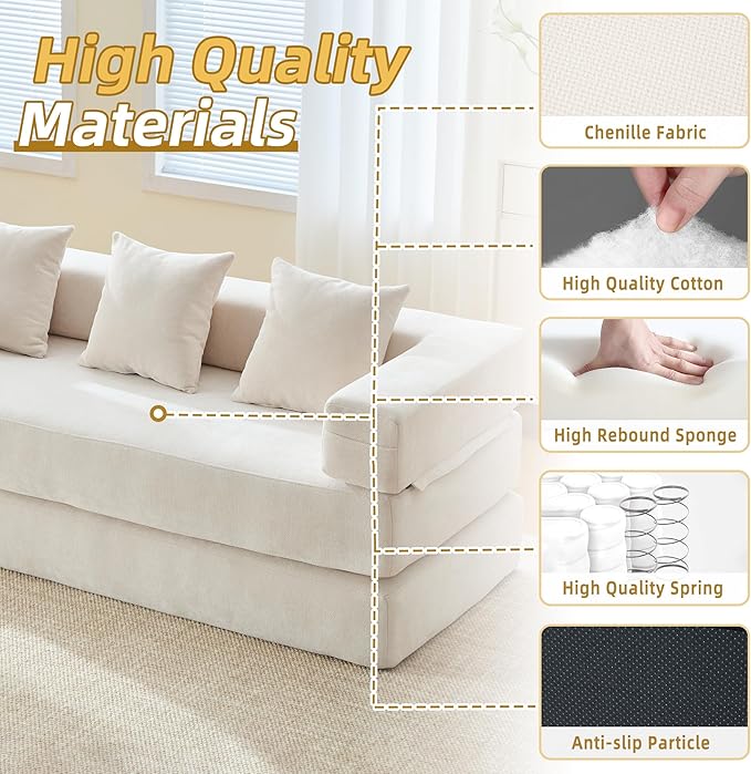 Comfy Convertible Folding Mattress Couch, Floor Sofa Bed, Chenille Floor Sofa with Armrest, Floor Sofa Lounge Couch for Living Room Bedroom Lounge Studio-Beige White