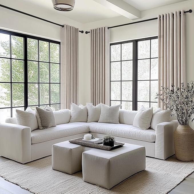 92 Inches Linen Sheer Curtains for Living Dining Room Bedroom Grey Beige Thick Linen Pleat Drapes with Grommet Light Filtering Boho Farmhouse Semi Sheer Curtain 92 inch Length 52" x 92"