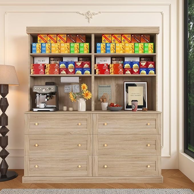 71" Farmhouse Kitchen Pantry Cabinet with Drawers, Brown Freestanding Coffee Bar Hutch with Microwave Stand, Large Storage Cabinet with Adjustable Shelves for Kitchen, Living Room