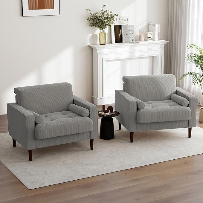 UIXE Corduroy Accent Chairs Set of 2, Modern Upholstered Living Room Arm Chair Bedroom Reading Armchair with Bolster Pillows, Mid-Century Track Armrest Tufted Single Sofa Seat (Light Gray)