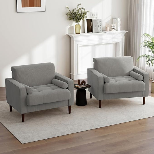 UIXE Corduroy Accent Chairs Set of 2, Modern Upholstered Living Room Arm Chair Bedroom Reading Armchair with Bolster Pillows, Mid-Century Track Armrest Tufted Single Sofa Seat (Light Gray)