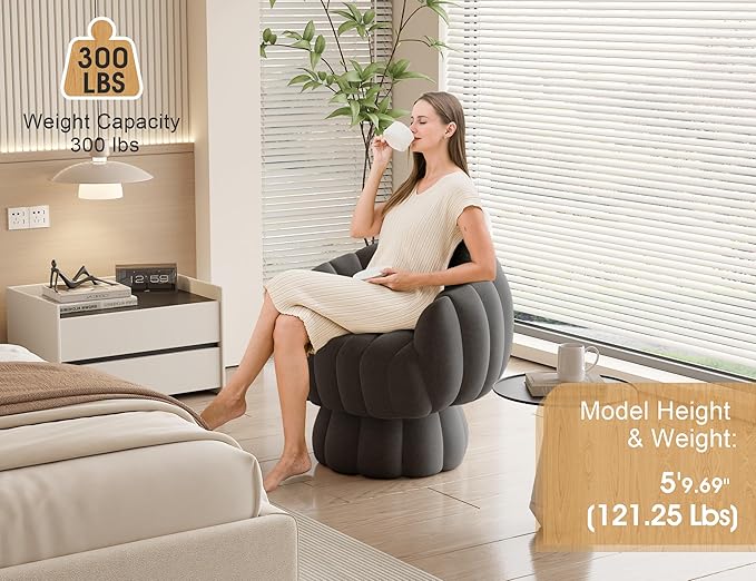 Mid Century Modern 360 Degree Barrel Swivel Accent Sofa Chair,Fluffy Velvet Fabric Lounge Wide Upholstered Pumpkin Reading Chair, Round Cloud Armchair for Living Room,Bedroom,Vanity(Gray)