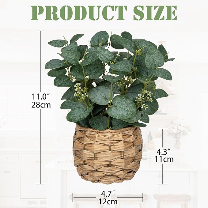 DILATATA Artificial Eucalyptus Stems in Woven Basket Planter, 11" Fake Plant Eucalyptus Leaves with White Seeds Faux Potted Plant Greenery for Table Centerpiece Office Indoor Home Decor
