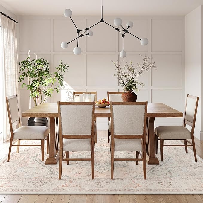 LIVEBOX Washable 9x12 Area Rug, Large Rugs for Living Room Boho Soft Non-Slip Rugs, Pink Low-Pile Vintage Medallion Rug, Retro Non-Shedding Indoor Carpet for Dining Room Bedroom Office