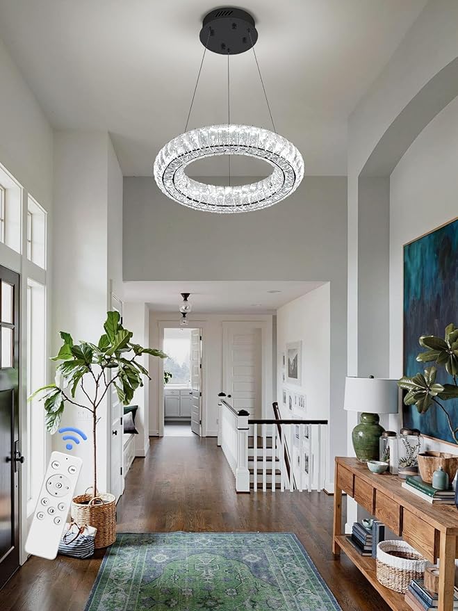 Dimmable LED 15.7" Ring Pendant Light Modern Adjustable Black Round Crystal Chandelier Light Fixtures for Dining Room Living Room