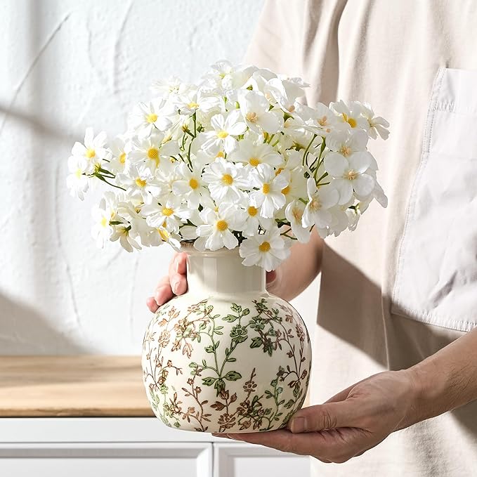 SIDUCAL Ceramic Green and Beige Antique Vase, 5.91 Inch Retro Ice Cracked Chinoiserie Floral Vase, Rustic Farmhouse Vases for Home Decor, Bookshelf, Office, Garden, Chinoiserie Decor, Tuscan Decor