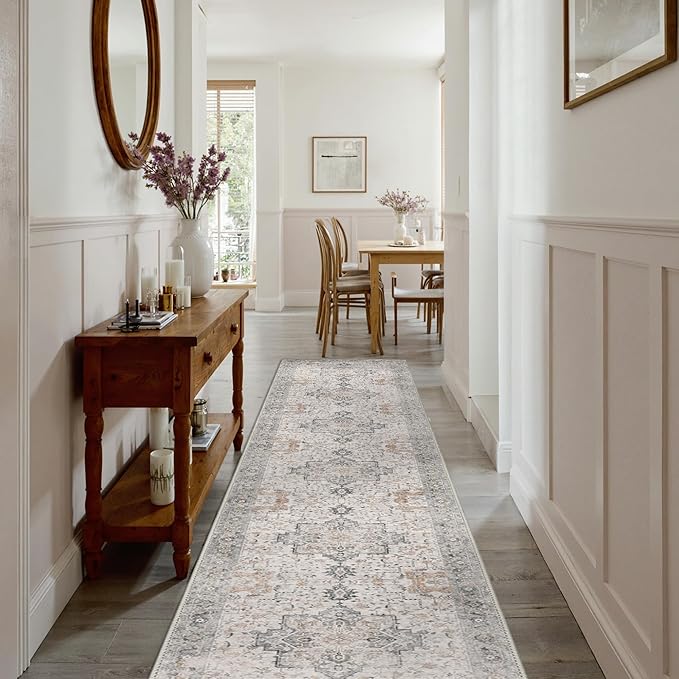 GENIMO Runner Rug 3x10, Non Slip Vintage Hallway Runner Rugs, Low Pile Lightweight Machine Washable Mat for Hallway, Entryway, Bedroom, Kitchen and Corridor, Light Taupe Brown