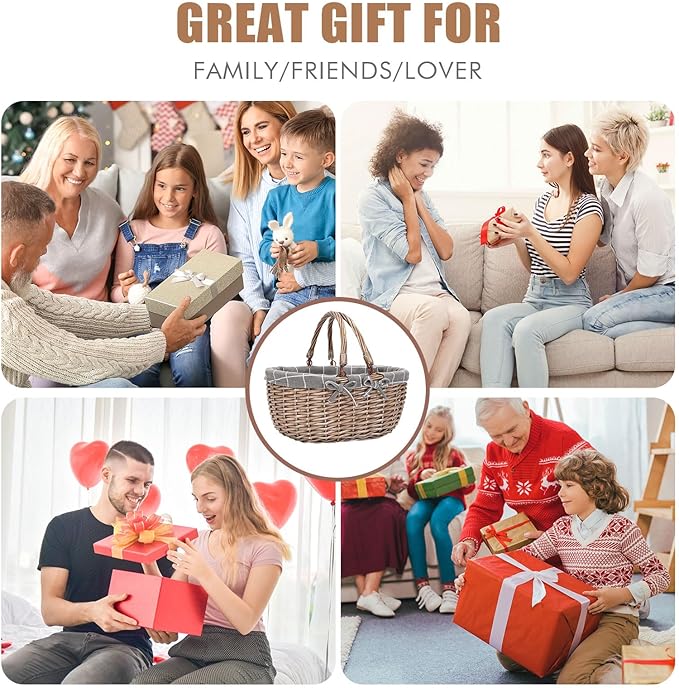 G GOOD GAIN Oval Picnic Basket with Folding Handles, Willow Hand Woven Shopping Basket, Bath Toy Kids Toy Storage Gift Packing Basket, Wicker Empty Easter Eggs and Candy Small Gift Basket.GreyCheck