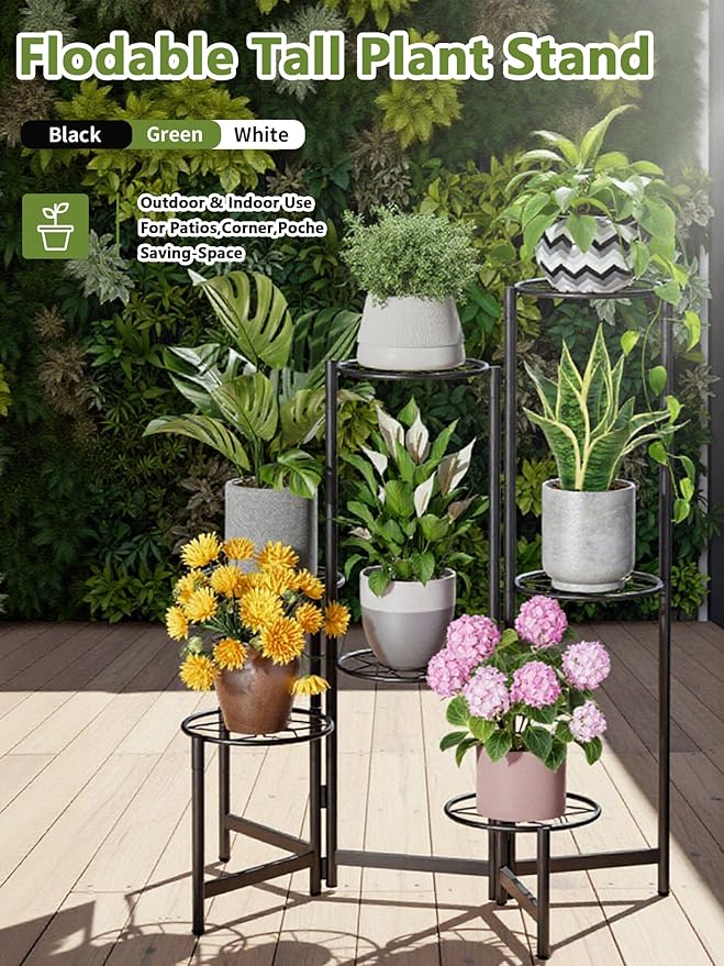 7 Tier Plant Stand Indoor Foldable Corner Tall Plant Shelf for Multiple Plants Flower Pot Holder Display Stand for Living Room Balcony Garden Patio Black