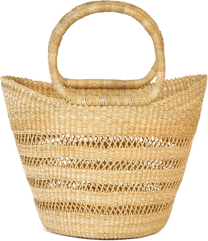 AYÉYA Handwoven African Basket – Winged Style – Wide Open Wicker Tote with Leather Handles – Unique Market or Foraging Basket – Handmade in Ghana