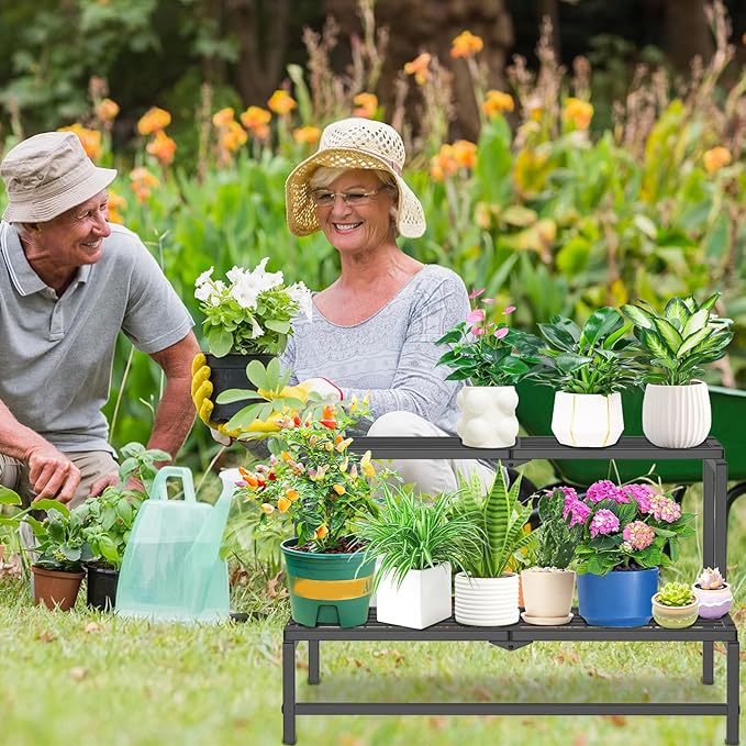 2 Tier Plant Stand Indoor Outdoor, Heavy Duty Metal Tall Plant Shelf for Multiple Flower Planter Holder, Ladder Pot Display Rack for Patio Garden Corner Balcony Living Room (Black)