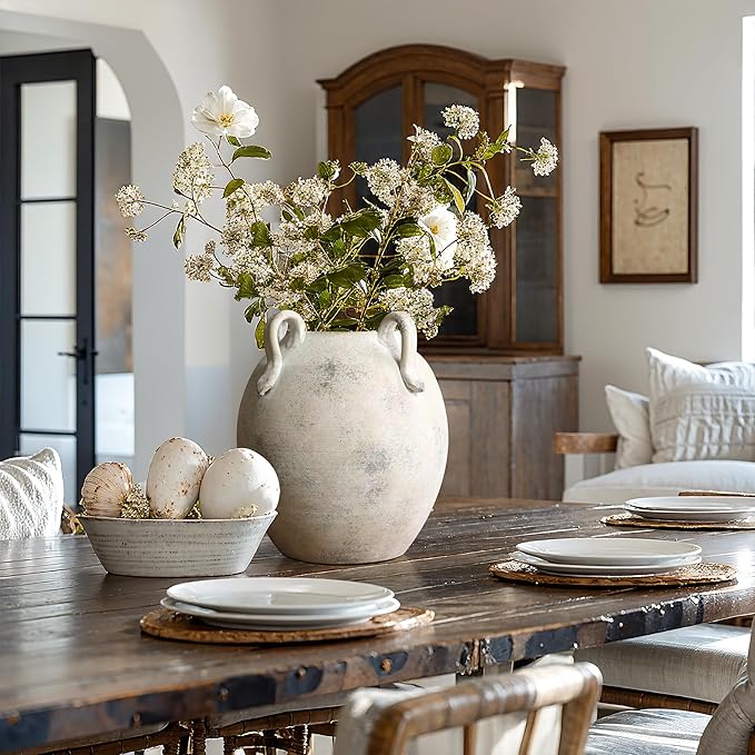 LuxenHome Vintage Ceramic Round Vase Multi Gray and White Terracotta Vaes with Handles Farmhouse Decor,Pottery Vase Living Room Decor,Large Waterpoof Vases Home Decor 11-Inch