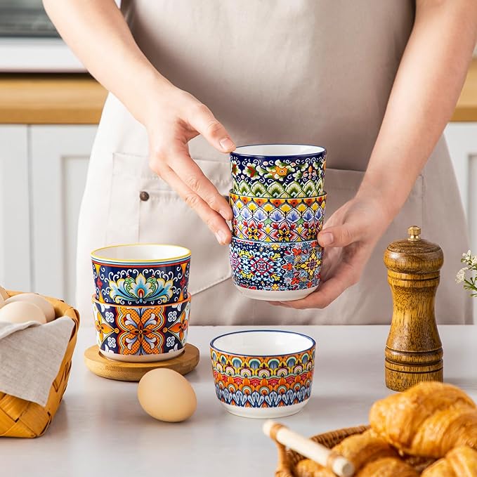 vancasso 6 Oz Ramekins Oven Safe Set of 6, Bohemian Creme Brulee Ramekins, Colorful Souffle Dishes, Pudding Custard Cups for Baking, Small Ceramic Bowls for Dipping Sauce, Ice Cream