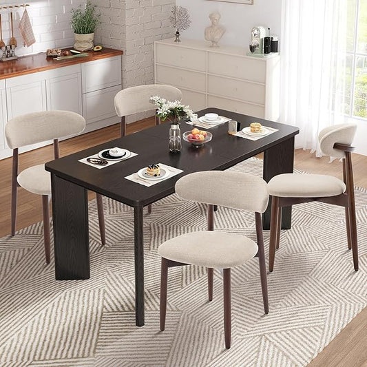 5-Piece Rectangular Dining Table Set for 4, 63" Industrial Kitchen Table with 4 Wooden Upholstered Dinner Chairs for Dining Room, Kitchen, Living Room, Black+Beige