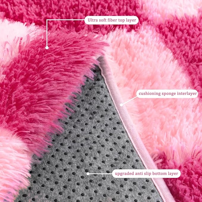 Checkered Rug for Living Room 8x10, Ultra Fluffy Fuzzy Shag Large Area Rug for Bedroom, Modern Plush Soft Upgrade Non-Slip Carpet for Kids and Girls Room Dorm Home Decor, Pink and Hot Pink