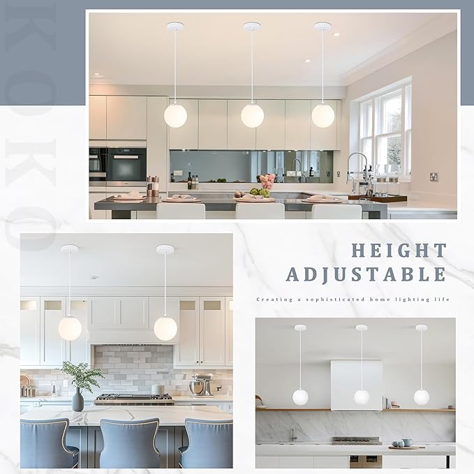 KoKo&Yukina 6 Inch Globe Pendant Light White Globe Pendant Lights Kitchen Island Mid Century Light Fixture with Milky White Glass Shade for Dining Room Living Room