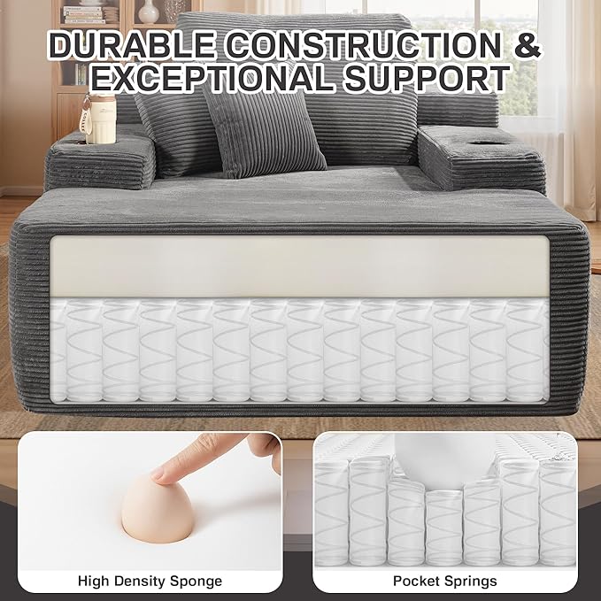 Chaise Lounge Chair Indoor, 67" Oversized Comfy Corduroy Sleeper Sofa Bed with Cup Holders and Wide Armrests, Boneless Upholstered Recliner Bed, Modern Cloud Couch for Living Room, Grey