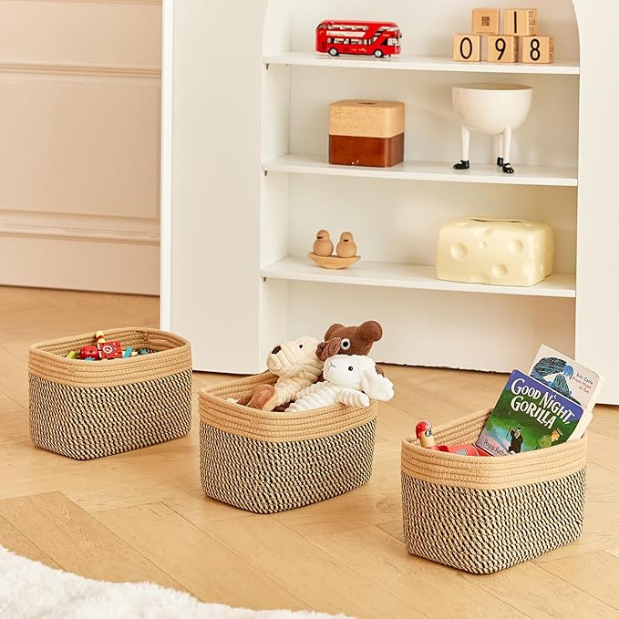 Small Cotton Rope Basket – Storage Bin for Organizing (10.6" x 6.7" x 6.7"), Bathroom Storage Basket for Shelf, Counter & Closet（Camel & Mixed Black）